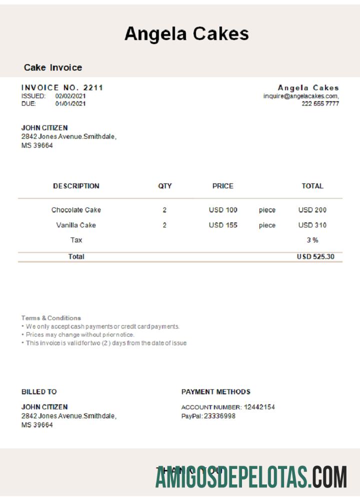 Fatura da Angela Cakes nos EUA exemplo real